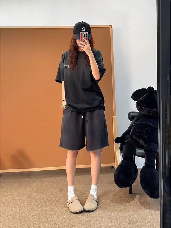 

Ele Embroidered Men's Sport orts Summer Thin Drapey Wide Leg Baskeall Pants Casual Straight Five-Quarter Guard Pants