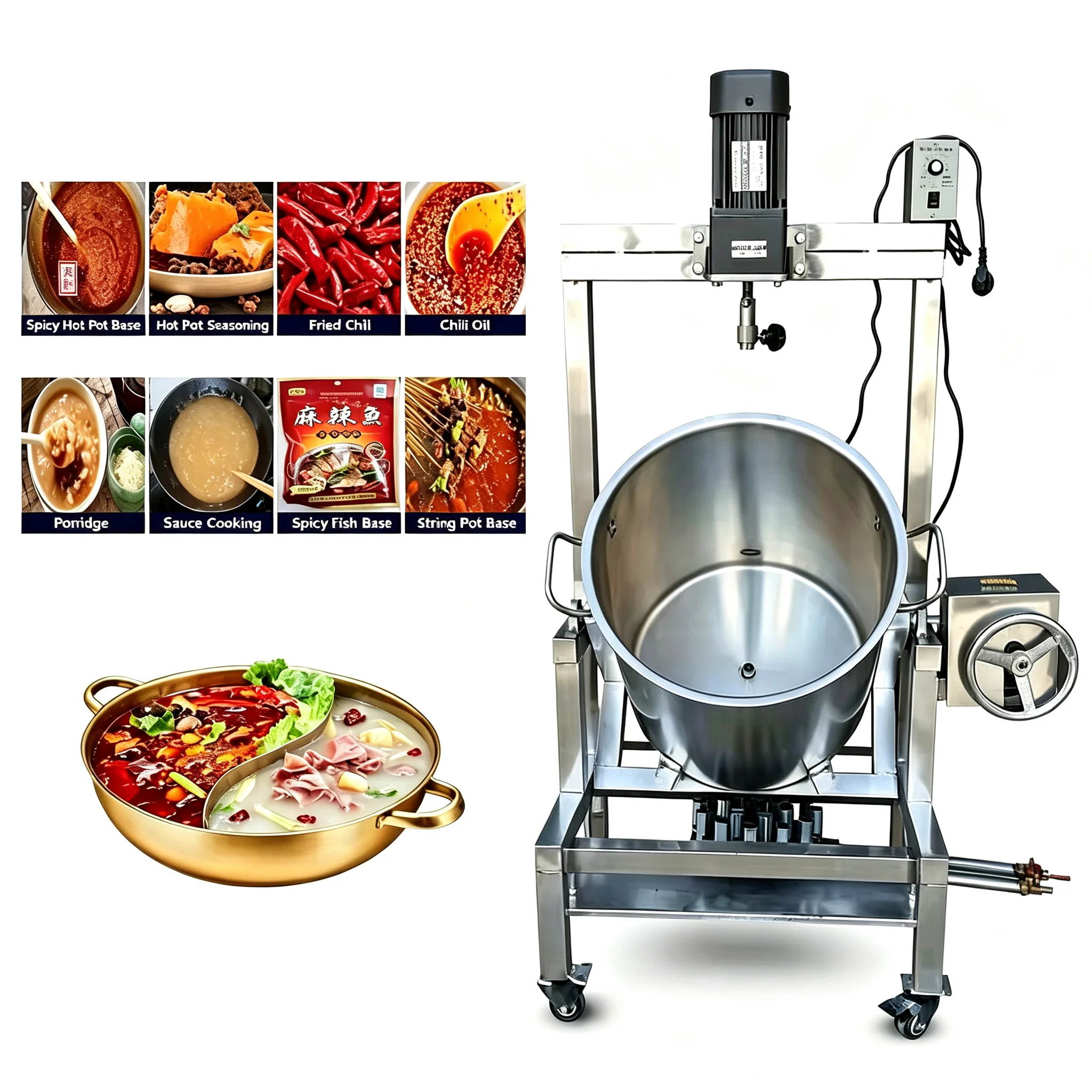 Gas Heating Pot With Mixer For Chili Sauce Caramel Sauce Jam Cooking Pot Porridge Soup Syrup Boiler Stirring Pot