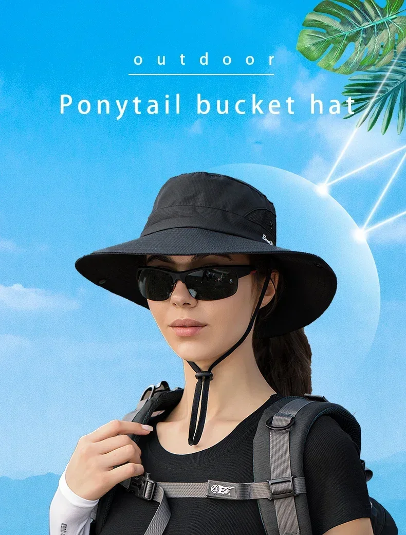 Damen Pferdeschwanz-Fischerhut Wasserdichter Sonnenhut Einfarbig Outdoor Reise Angeln Klettern Wandern Breiter Krempe Bucket Hat – Detail 1