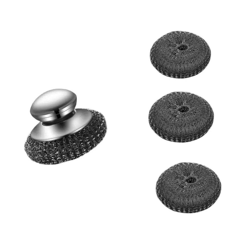 Juego de 4 estropajos de acero inoxidable, estropajos de lana de acero con mango, ideales para la limpieza de la cocina y del hogar