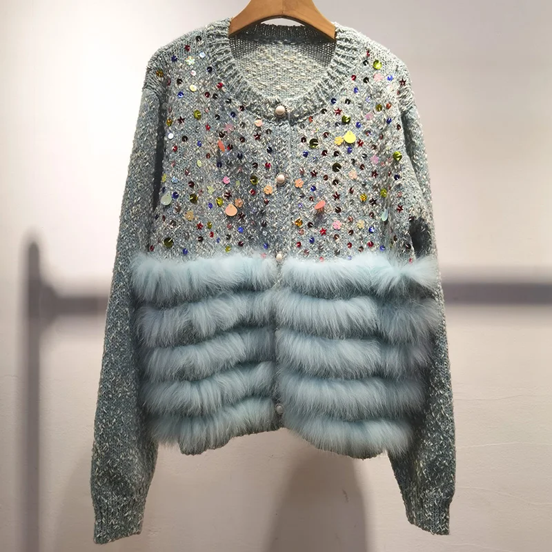 Women O-neck Autumn Real Fox Fur Knitted Cardigan Sweater With Button Female Casual sequin Long Sleeve Sweater Outwear