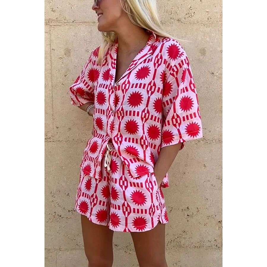 Pants 2 Pcs Set Women Geometric Print Shirt Loose Suit Lapel Short Sleeve Top Pocket Blouse Elastic Waist Shorts Beach Outfit