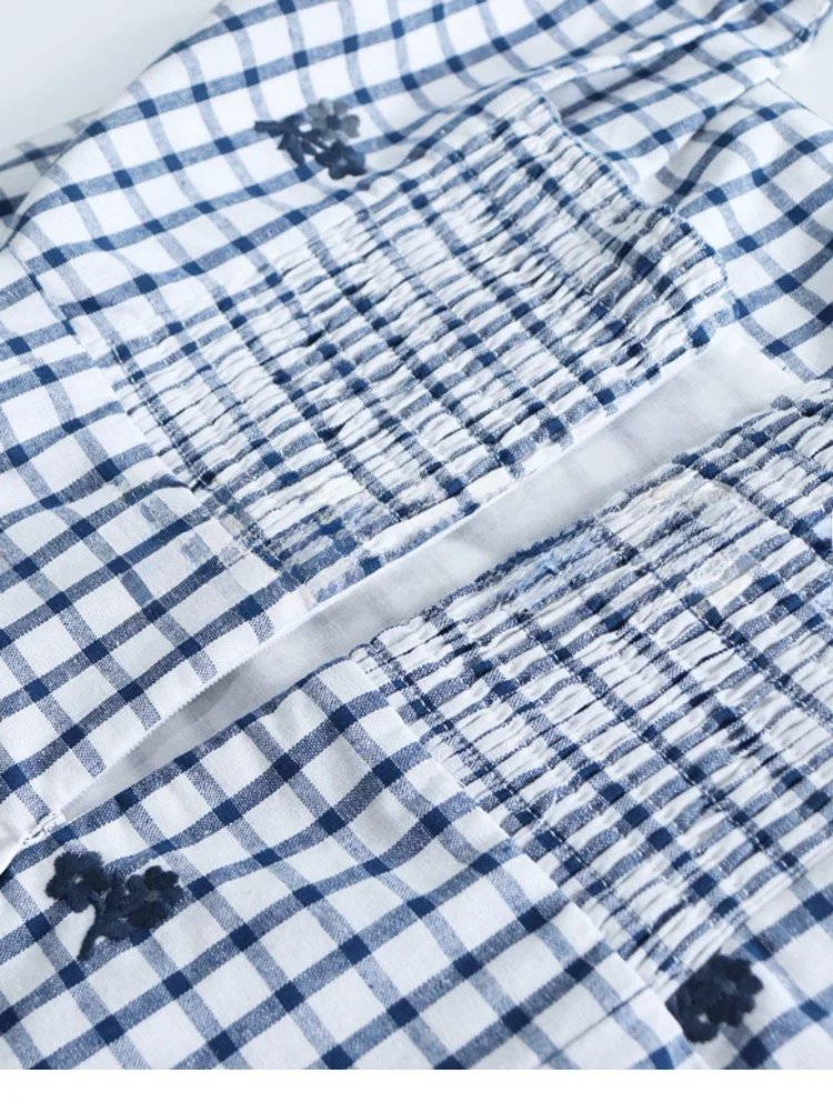 HEIDD SE2025 サマーヴィンテージ チェック柄 刺繍入りフラワー ウエストシェイプストラップドレス ハイウエスト コットン Aライン ショート丈 ノースリーブドレス