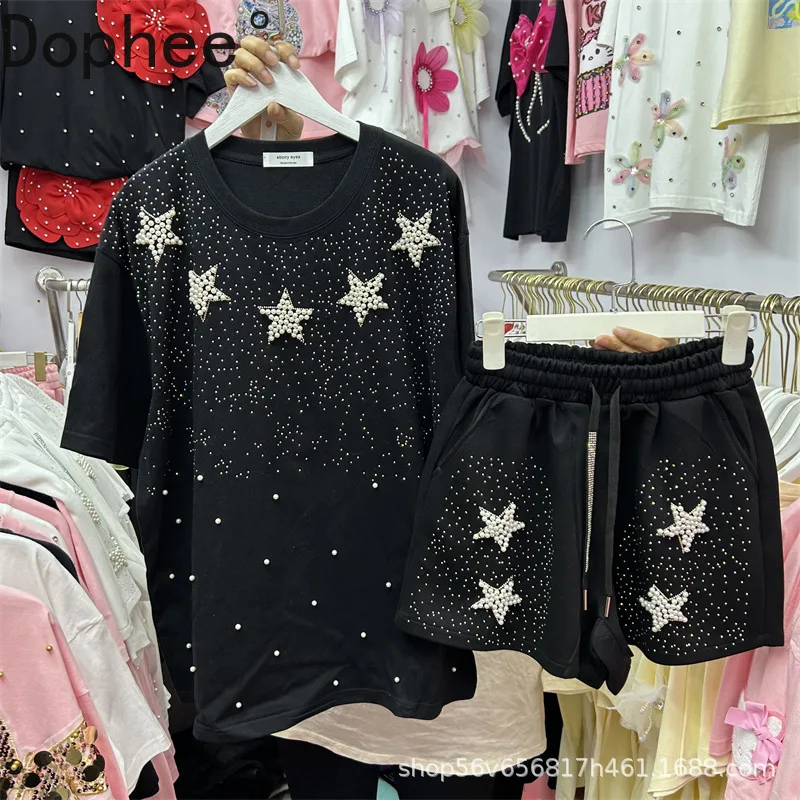 

Fashion Summer Women Two-piece Set Hot Drilling Beads Stars Loose Short Sleeve T-shirt Top + Casual A-line Sports Shorts Suits