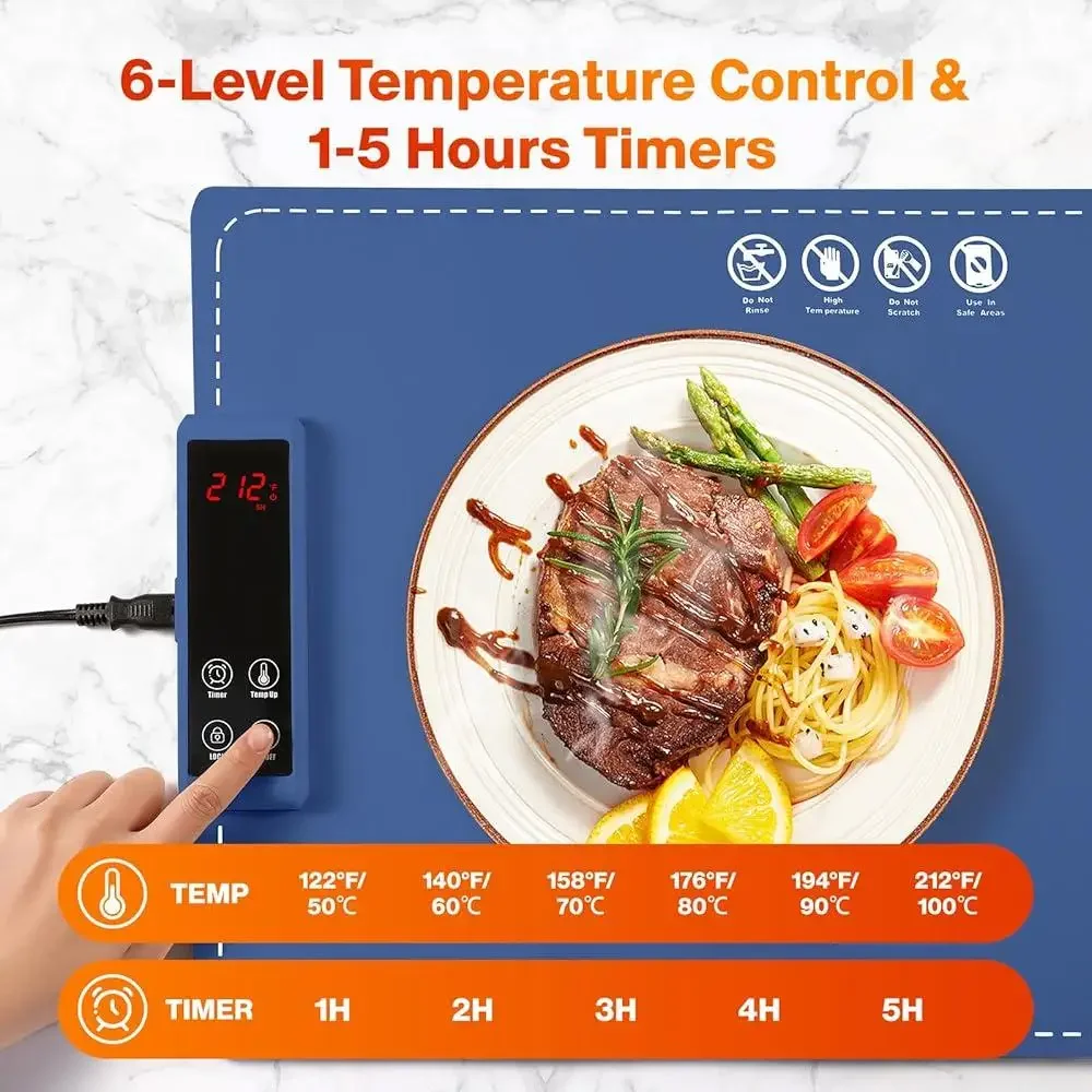 Portable Food Heating Mat Electric Warming Tray Graphene Aluminum Fast Heating 6 Temperatures 5 Timers Child Safety Lock