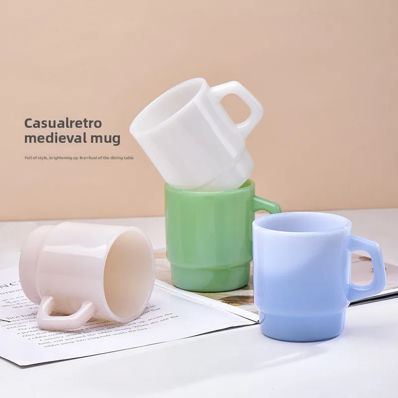 Creative Glass Coffee Cup, Minimalist Korean Milk Jade Mug, Stacked Cup, Home Printed Handle Colored Water Cup