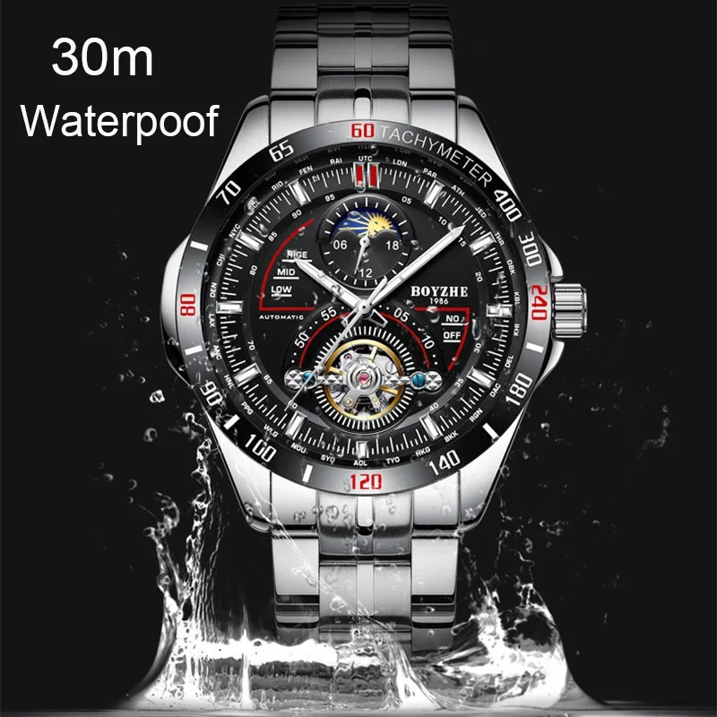 Boyzhe Men Skeleton Mechanical Automatic Watches 3 Bar Waterproof Moonphase Watch Stainless Steel Strap Men\'S Luxury Watches