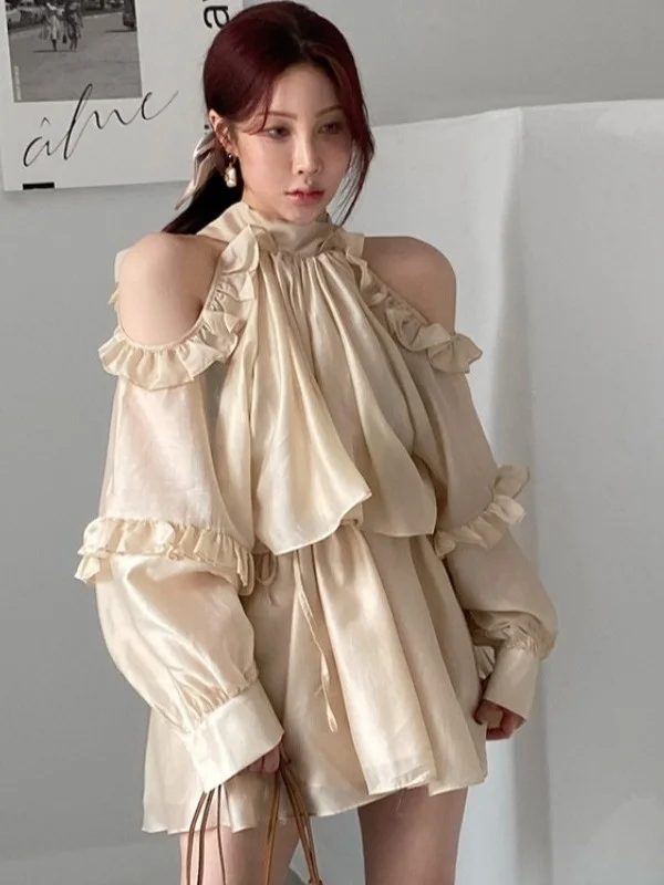 Vestido curto e com ombro à mostra, dongda gate ins, exclusivo, borboleta, nó, borda, vestido de férias, f, cor...