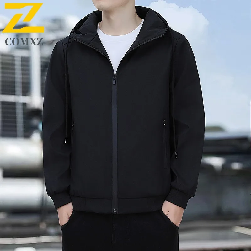 

COMXZ Мужская куртка Роскошная офисная легкая ветровка с капюшоном Классическая осенняя ветрозащитная мужская одежда для пеших прогулок и путешествий