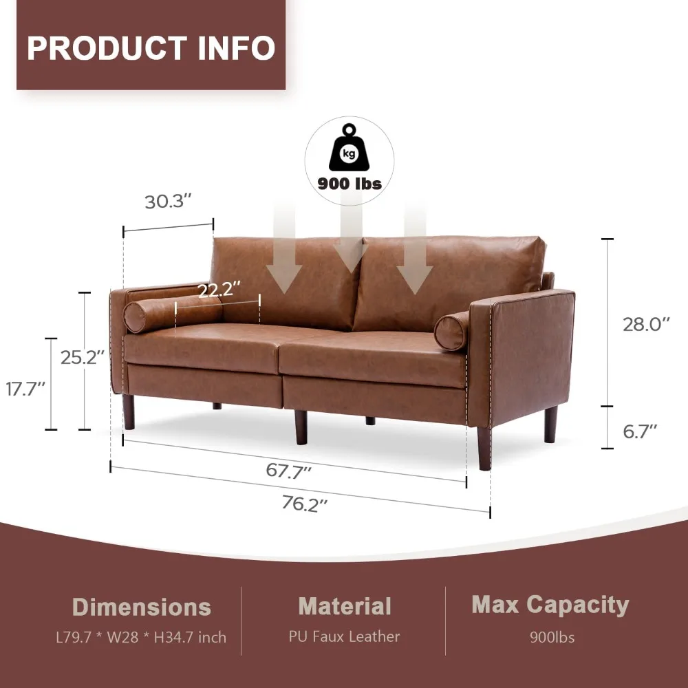 76.2” Leather Faux Sofa with Two Upholstered Cushions, Comfortable Couch with Wooden Frame and 3 Seater, for  Living Room,Office