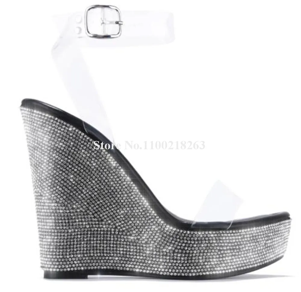 Bling Bling Rhinestones High Platform Wedge Sandals Clear PVC Patchwork Ankle Straps Black Gold Wedges Wedding Heels