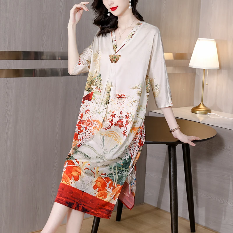 2023 Summer Retro Flower Print Silk Dress Women's Chinese Loose Large Qipao Dress Short Sleeve Fashionable Knee Length Robe