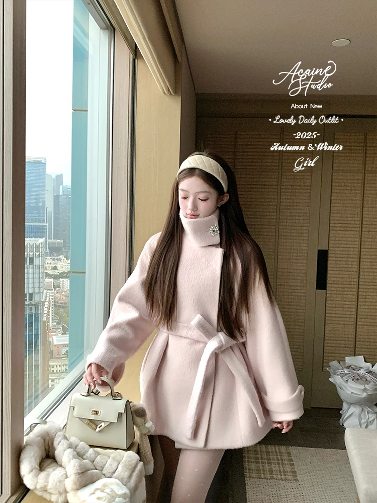

Ele Pink Woolen Coat Women's Loose Mid-Length Stand Collar Winter Jaet Korean Sle Acaine Faion Youth Thiened Oute...