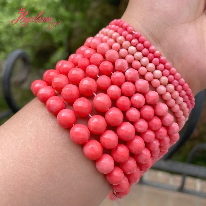 3/4/6/8mm Natural Pink Coral Faceted Round Loose Stone Beads For DIY Necklace Bracelets Jewelry Making Strand 15\