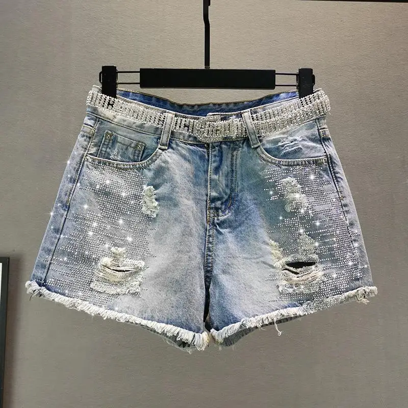 

New Summer Woman Denim Shorts Female Diamond Beading Tassels Shiny Chic Short Empire Ripped Holes Slim Shorts Ladies Pant Q887