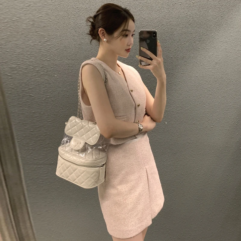 

Chic Summer Elegance V-Ne Svel Vest + High Waist A-Line Skirt Two-Piece Set Women's Faion Cotton Blend