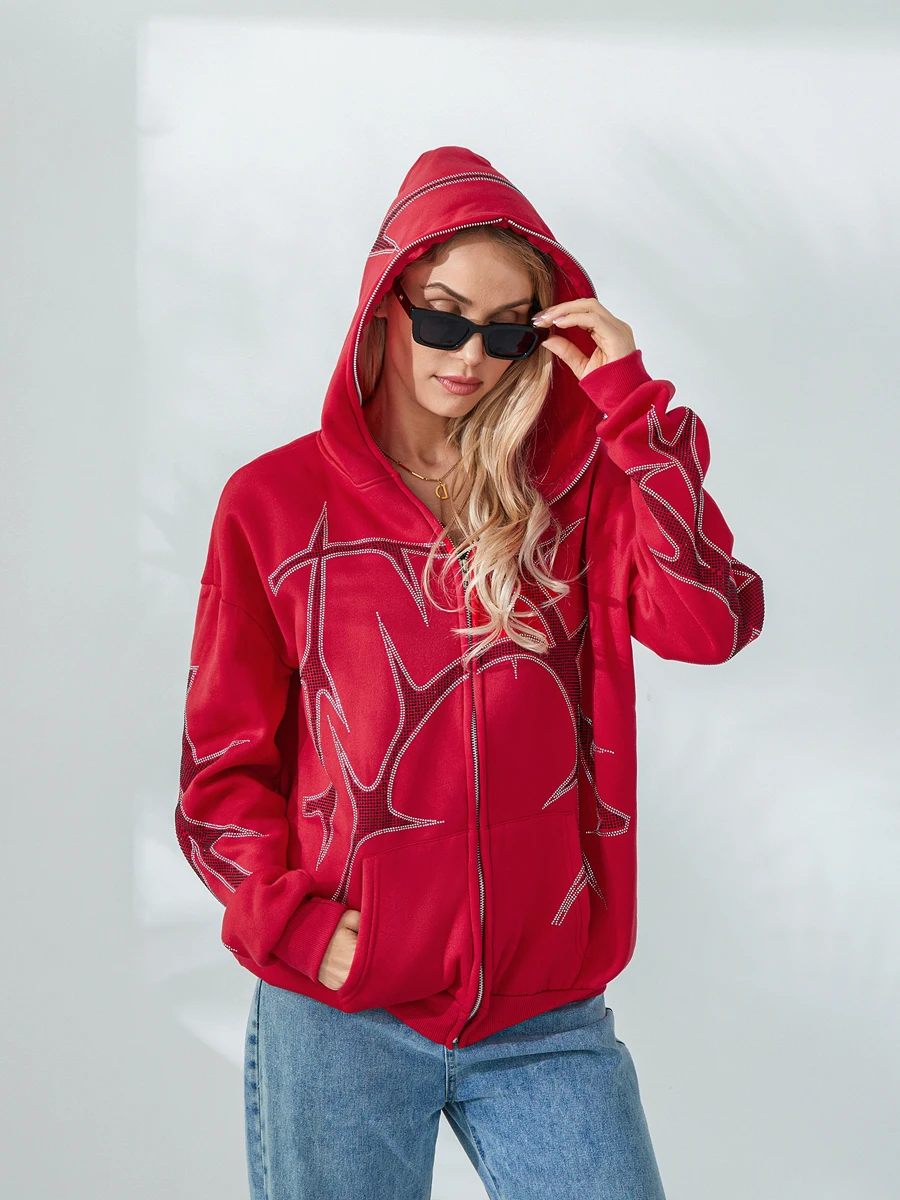 Y2k Women Graphic Print Zip Up Hoodies Loose Fit Long Sleeve Sweatshirt Jacket with Pockets 2023 Autumn Streetwear