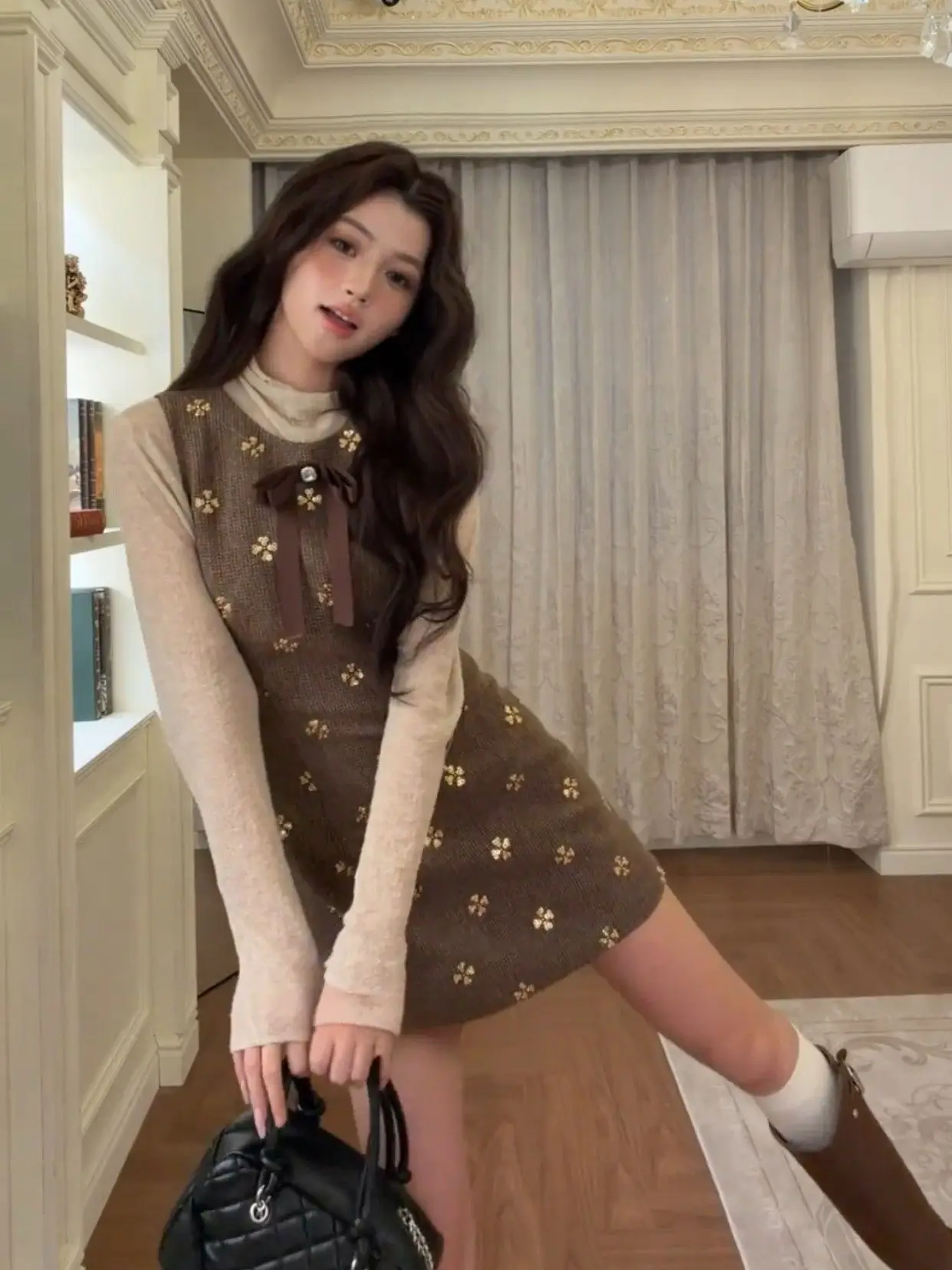 

Ele Winter New Year's Faion High Waist A-Line Dr Set with Vest Inner Wear Long Sve ort Skirt Clean Fit Sle