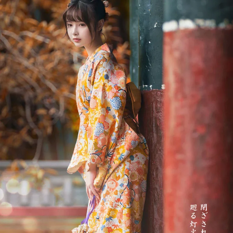 Kimono tradicional de estilo japonés con estampado de flores Obi para mujer, ropa de calle femenina asiática Vintage, ropa de fotografía para actuaciones de escenario