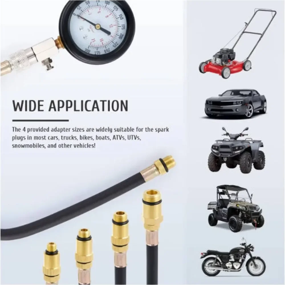 Tester di compressione per cilindri motore 0-300PSI/0-20BAR doppia gamma 4 adattatori manometro da 3" con custodia