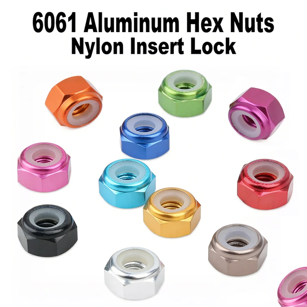 

10pcs Colorful M2 M3 M4 M5 Self-Locking Nuts, Anodized Aluminum Hexagon with Nylon Inserts for Vibration-Proof Fastening