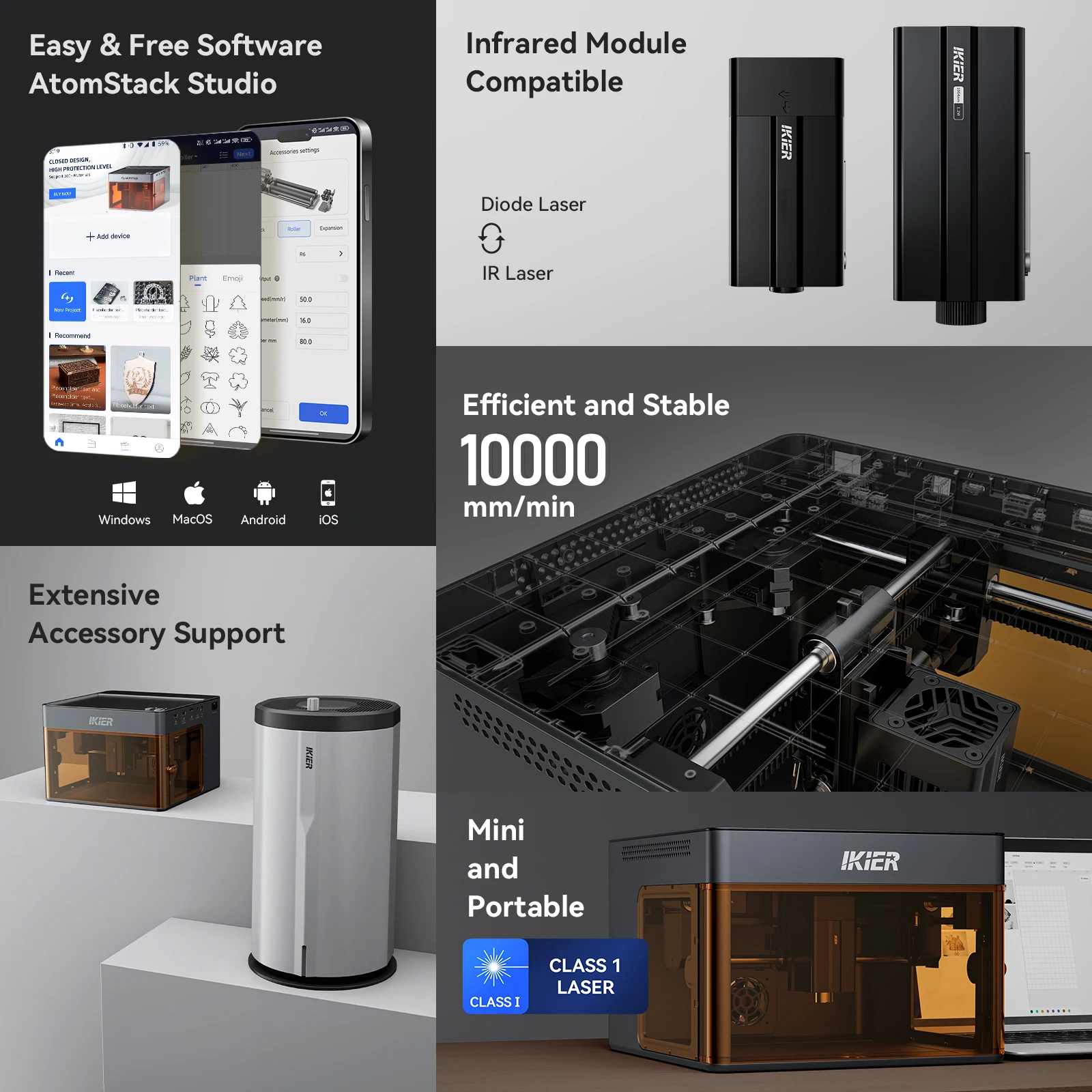 IKier Flex Mini Portable Laser Engraver Class 1 10000mm/min 0.1mm CoreXY for Wood Leather Paper Metal Compatible with AtomStack