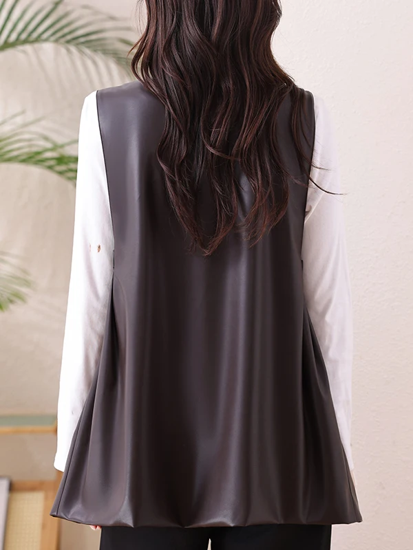 Authentic PU Leather Women's Vest 2026 Autumn Loose Slimming Outerwear Versatile Top Quality Fashion Ladies' Jacket