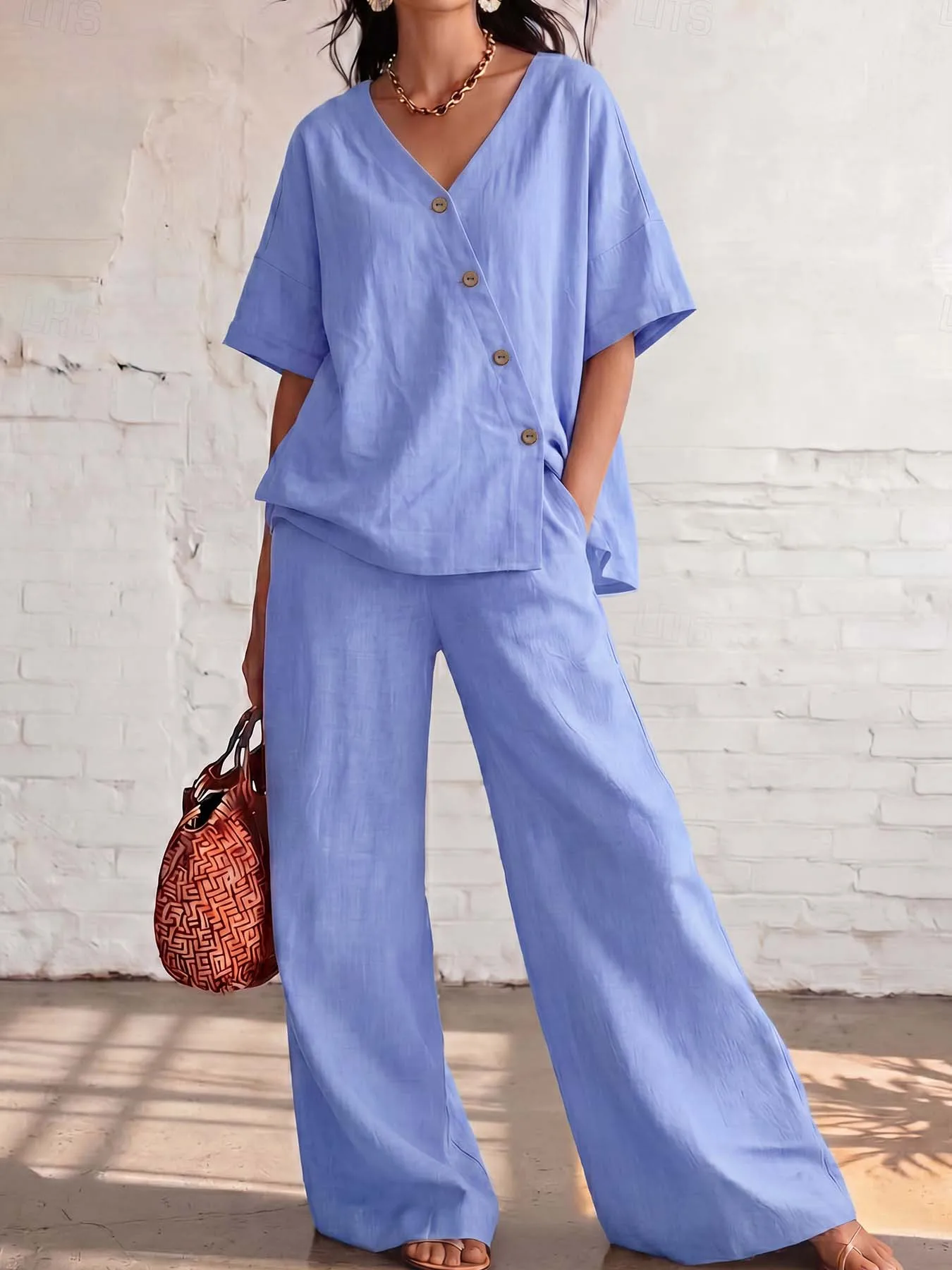 Asymmetrisches Oberteil aus 100 % Baumwolle für Damen mit Holzknöpfen und weit geschnittene Hose mit elastischem Bund und fließendem Schnitt – Lässiges Pendler-Set – Detail 11