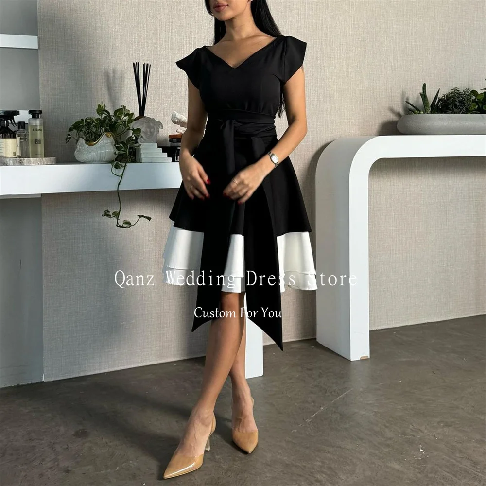 Qanz Short Black Prom Dresses V Neck Modest Cocktail Dresses Satin A Line Elegant Vestidos Para Eventos Especiales Customized