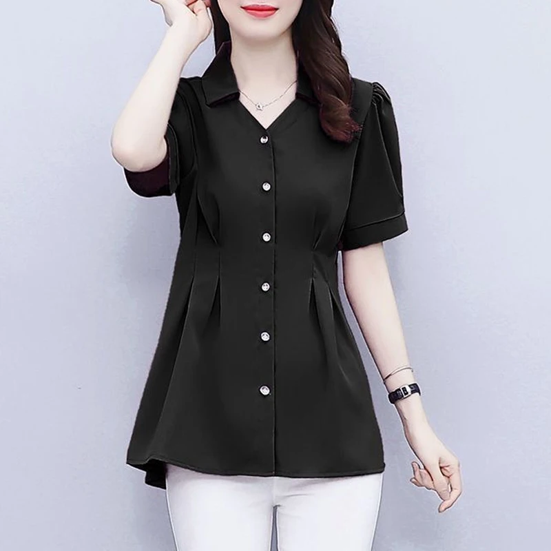 Women Ruffled Elegant Tunic Tops Summer Fashion Office Lady Business Casual Button Shirts Solid Slim Short Sleeve Blouses Ropa