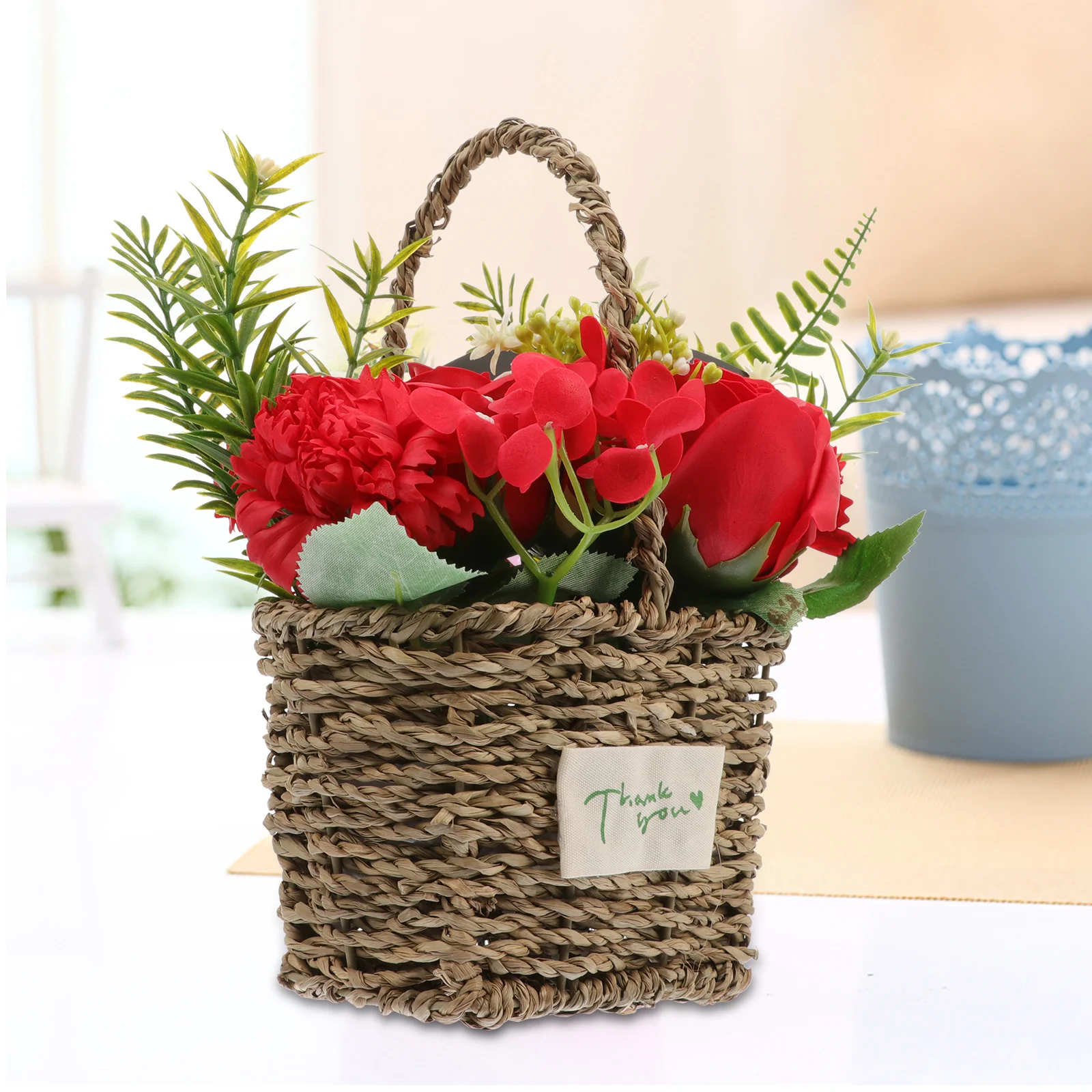 

Artificial Soap Rose Bouquet Hand Basket Realistic Fake Flowers Valentine's Day Present Symbol of Flower