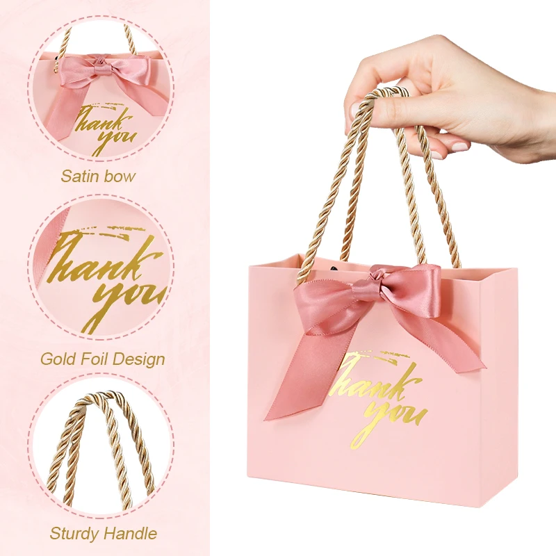 20/30/50pcs Thank You Gift Bags Reusable Paper Party Bags with Handles Gold Bow Ribbon Mini Pink Party Favor Bags for Birthday