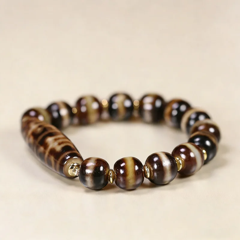 Tibetan Natural Genuine Old Mine Raw Stone Agate Black Gold Boundless Dharma Instrument Medicine Buddha Bead Bracelet 13x39mm