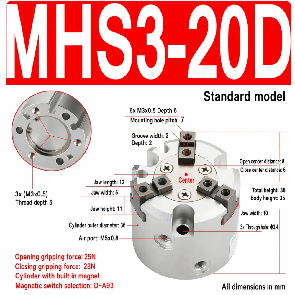 MHS3-16D Pneumatic Gripper Cylinder 14-16N Clamping Force SMC Type Double Acting Air Gripper
