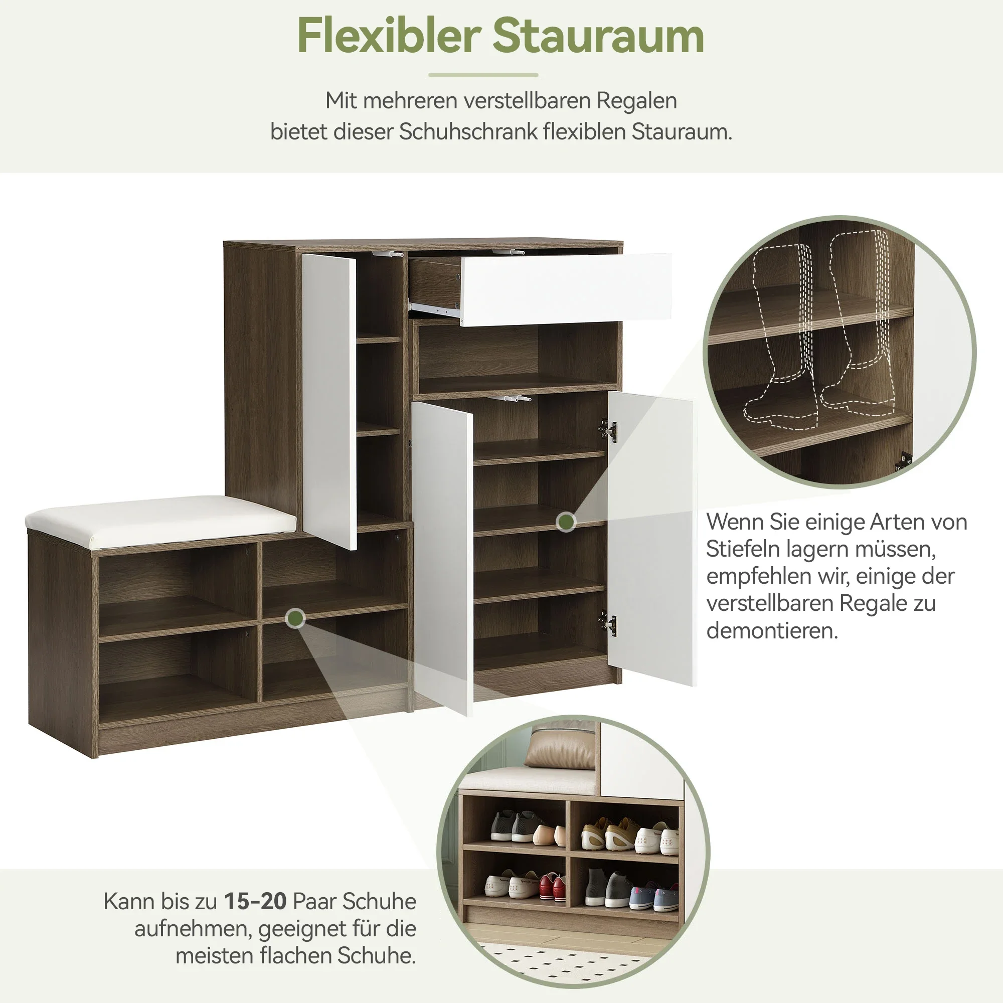 Schuhschrank, Schuhbank, Schuhregal mit gepolstertem Sitz, vielseitige Schuhaufbewahrungslösung mit Regalen für den Flur 140*35*110 cm – Detail 2