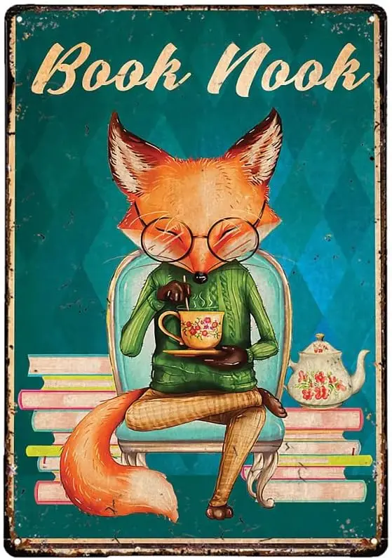 Retro Metal Tin Sign Vintage Fox Decor Fox Books Drink Tea Book Nook Metal Aluminum Tin Sign Beer Retro Vintage Decor Metal Tin