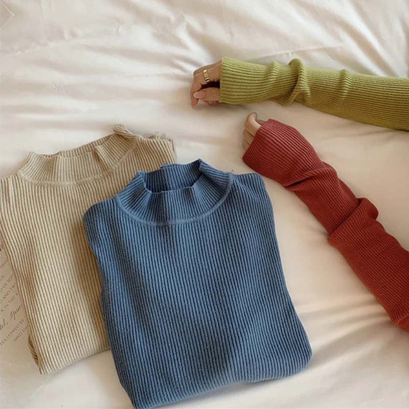 Knitt Half High Collar Round Neck Cotton Sweater Soft Smooth Cute Easy To Wear Pullover