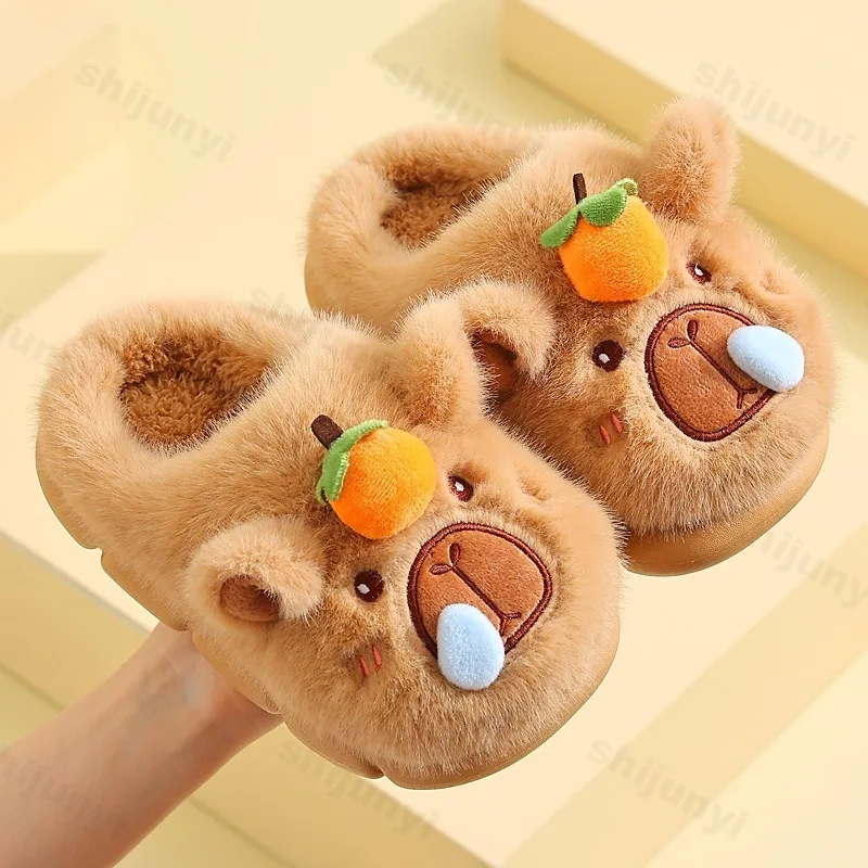 Capybara Children Slippers Cute Fluffy Cotton Slippers 2025 Winter New Warm Comfortable Indoor Cartoon Plush Floor Home Slippers