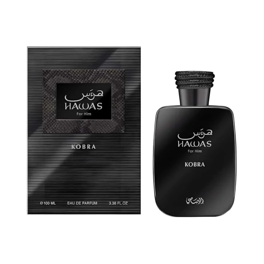 Hawas Kobra Men EDP Perfume Smoky Rich Oud Wood Scent Braided Black Rope Cap Matte Black Textured Box Luxury Arabian Gift Perfume for Him