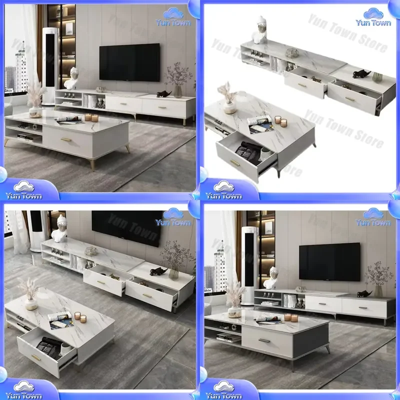 Marble Veneer Coffee Table TV Cabinet Combination for Modern Living Room Furniture Set Light Luxury Simple Telescopic TV