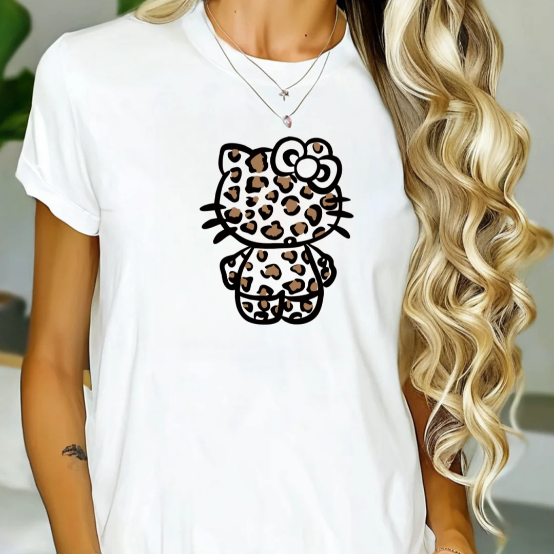 

1PC women's leopard print Hello Kitty white casual round neck short sleeved imitation embroidery printed T-shirt