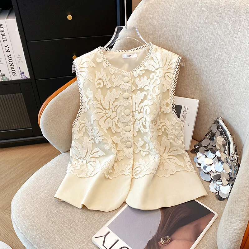 Elegant Chinese Style Embroidered Vest Women Summer Sleeveless Office Casual Blouse Ladies Chic Tops for Workwear Daily Outfits