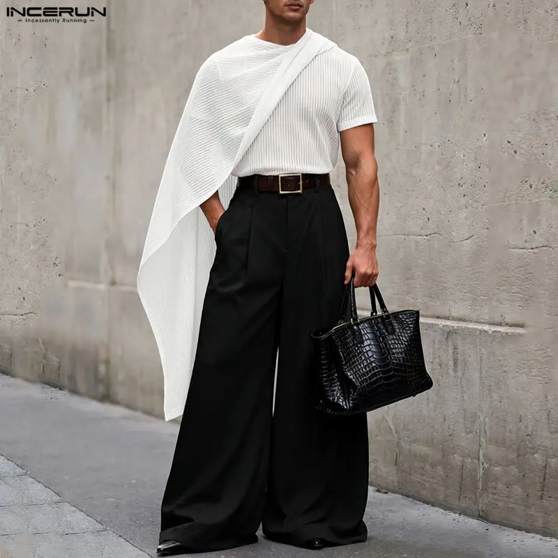 INCERUN Men Irregular T Shirts Striped Solid Mesh See Through Men Clothes Tops Summer Cloak Shawl Streetwear Sexy Camisetas 2026