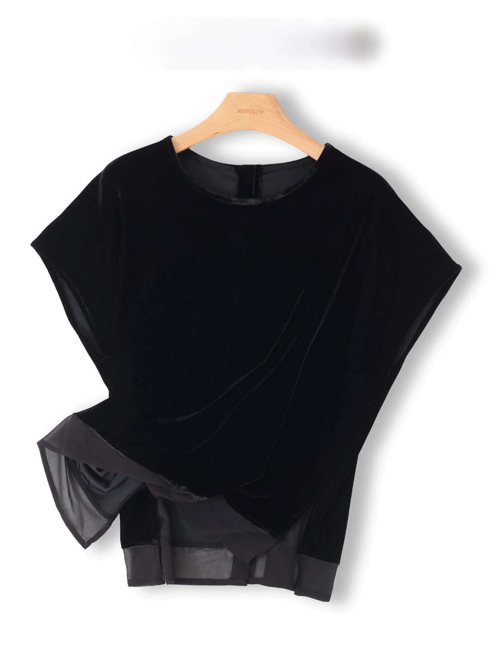 

Comfortable Velvet Ogees round Neck Top Women's Easy Wear Patchwork Elegant Glossy Sensation Silk Blend Summer T-shirt