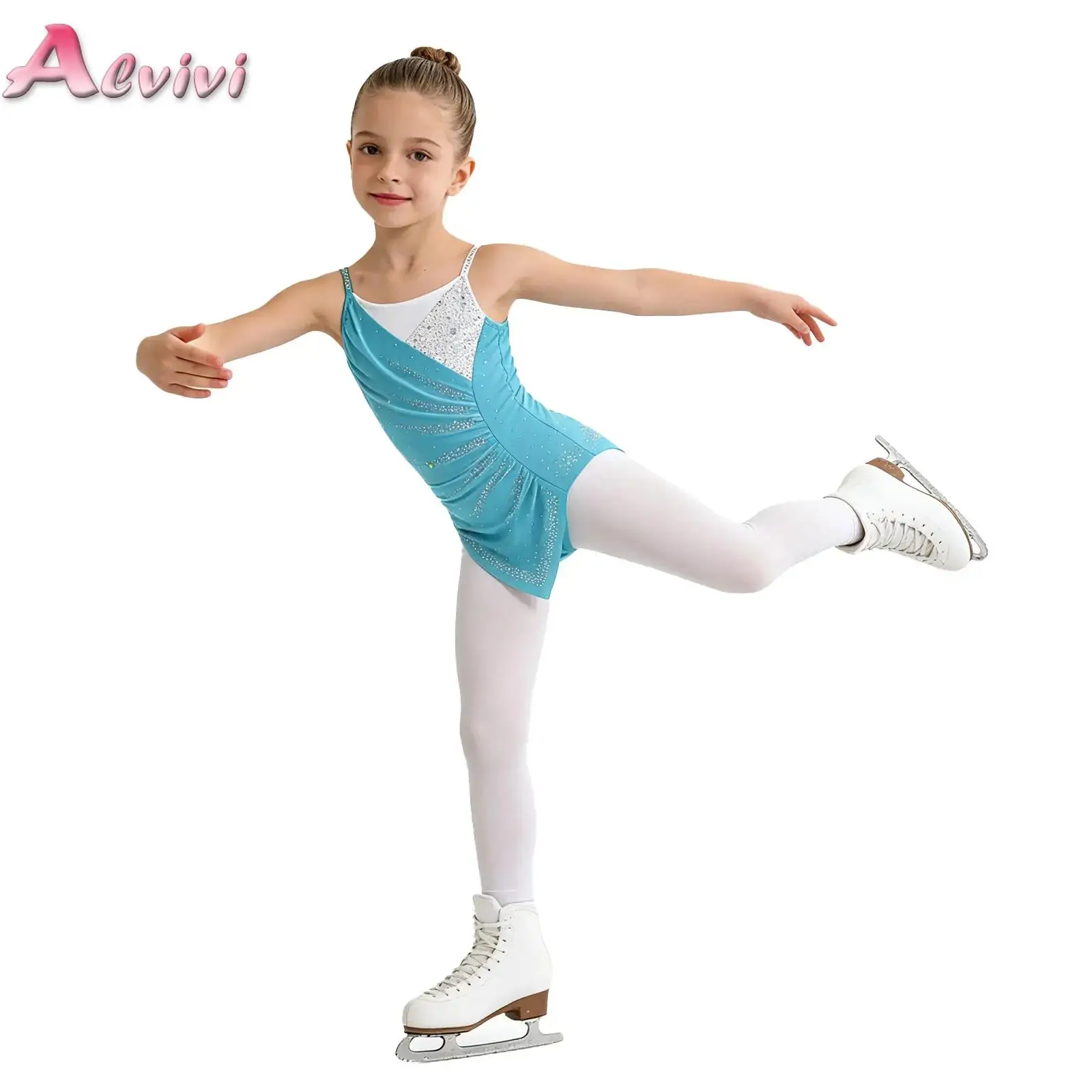 

Kids Girls Rhythmic Gymnastics Ballet Latin Dance Costume Ruched Mesh Sparkling Rhinestones Color Block Camisole Leotard Dress