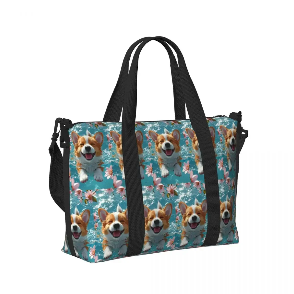 Large Cute Corgi Puppy Pembroke Welsh Corgi Dog Beach Travel Bag Tote Bags for Gym Yoga Women Shopping Duffle Shoulder Bag