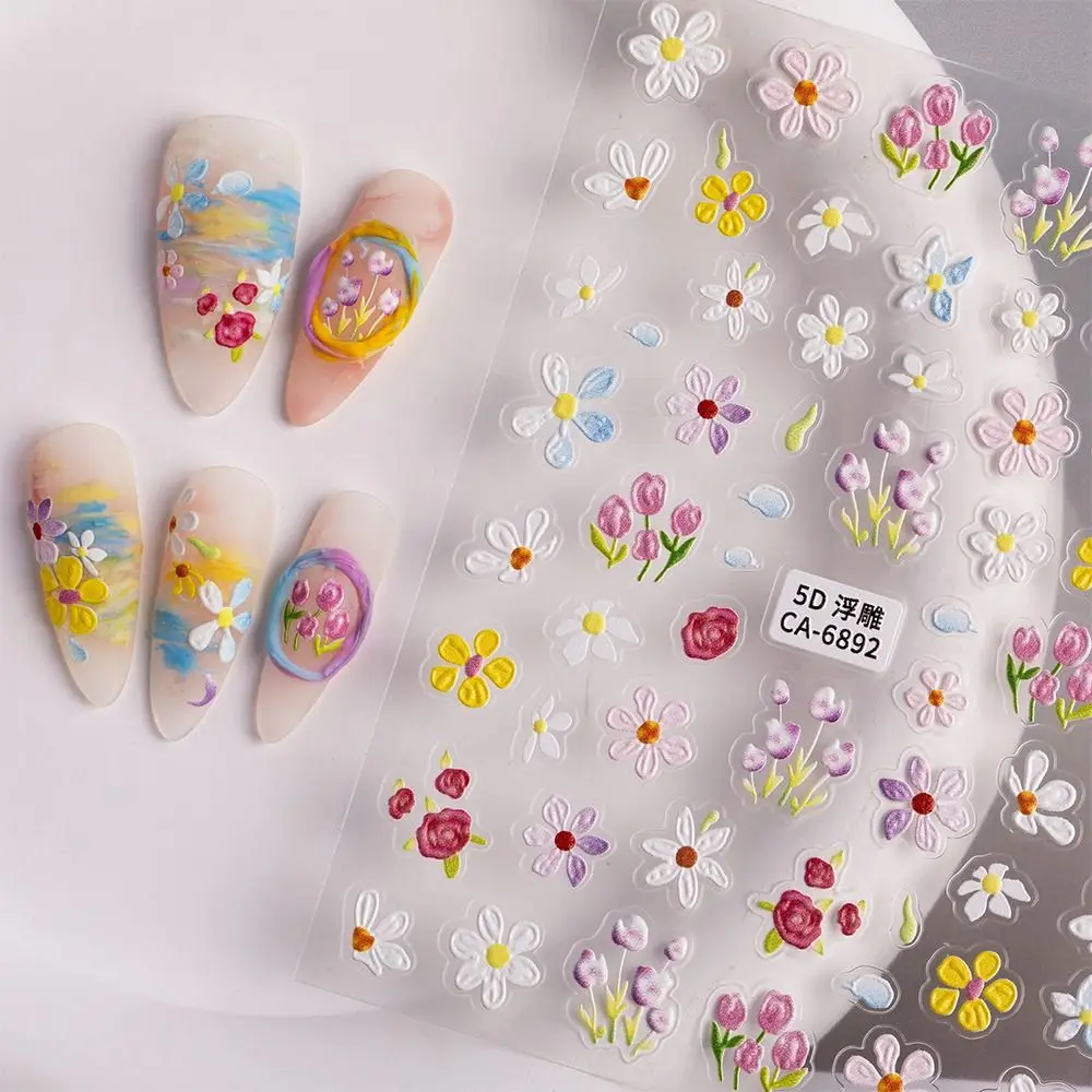 Frühling Ölgemälde Hibiskus Blume Nagel Aufkleber Kleine Blume Relief 5D Geprägte Nail art Aufkleber Blume Geprägt