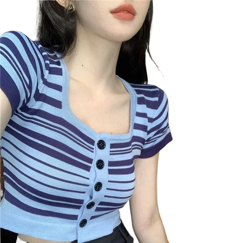 

Summer Sexy Stripes Contrasting U-neck Short Sweet Spicy Short-sleeved Cardigan Women's High-waisted Open-button Knitted Top