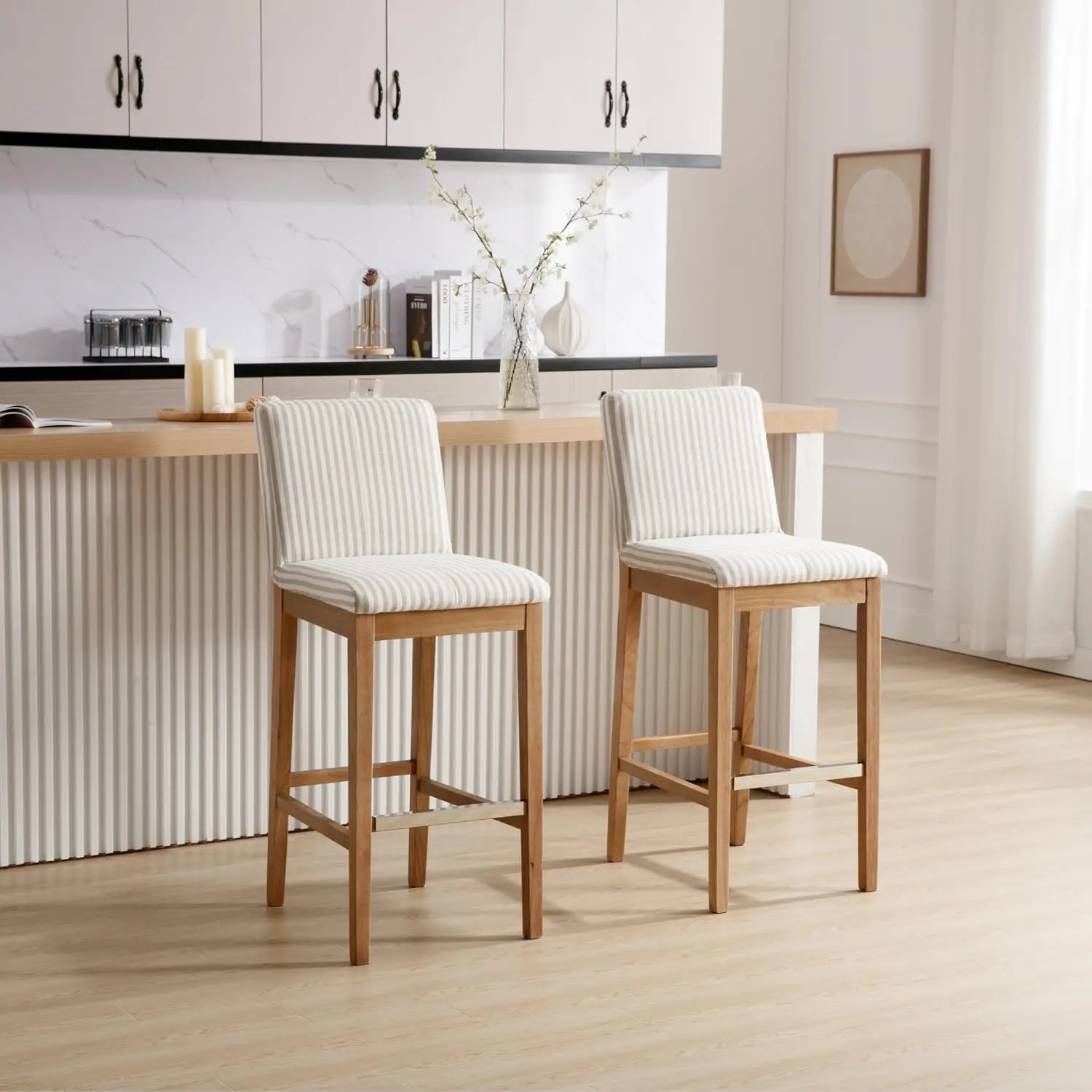 26 Inch Bar Stools Set of 4 with Back Support Linen Stripe, Customized