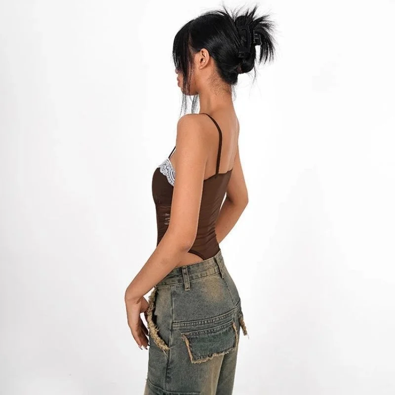 Sexy Splice Netting One-Piece Suit with Chest Pad Strap Pure Desire Top Cross-Border Southeast Asia Style Knitted Thin Summer